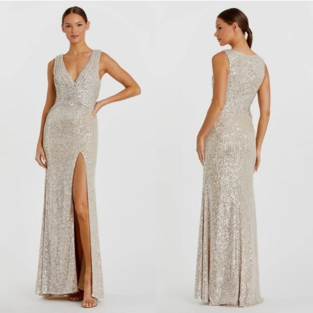 Mac Duggal 26598 Silver Sequin Wrap Waist Gown Formal Dress V Neck Nude Size 0